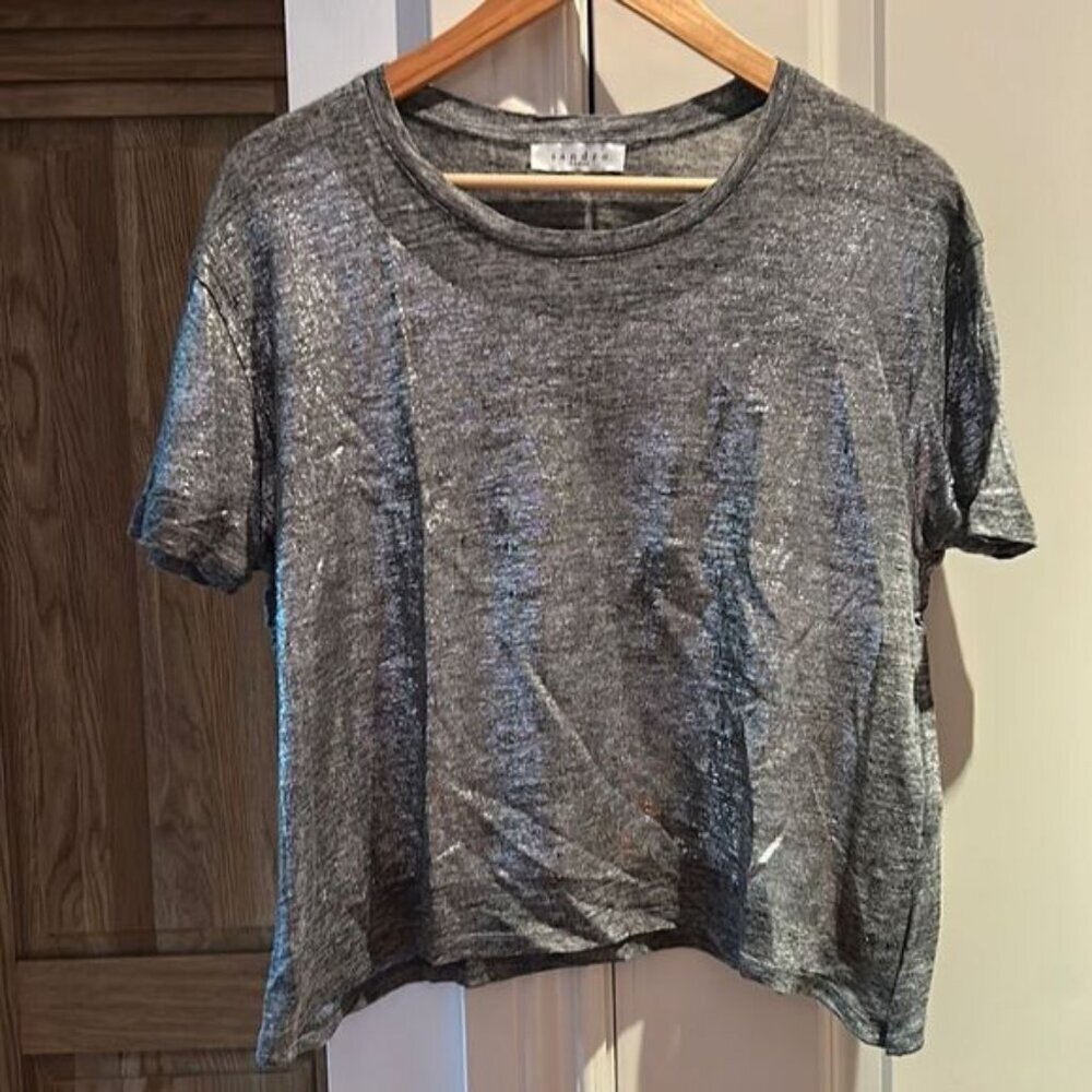 Sandro metallic silver linen  t shirt size 2 small euc